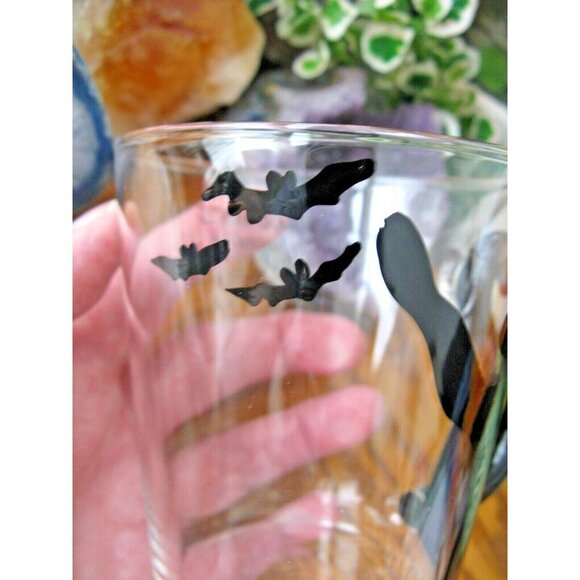 New Hand Painted Black Cat & Bats Clear Glass Tea Coffee Mug Cup w/ Tail Handle - Picture 5 of 9
